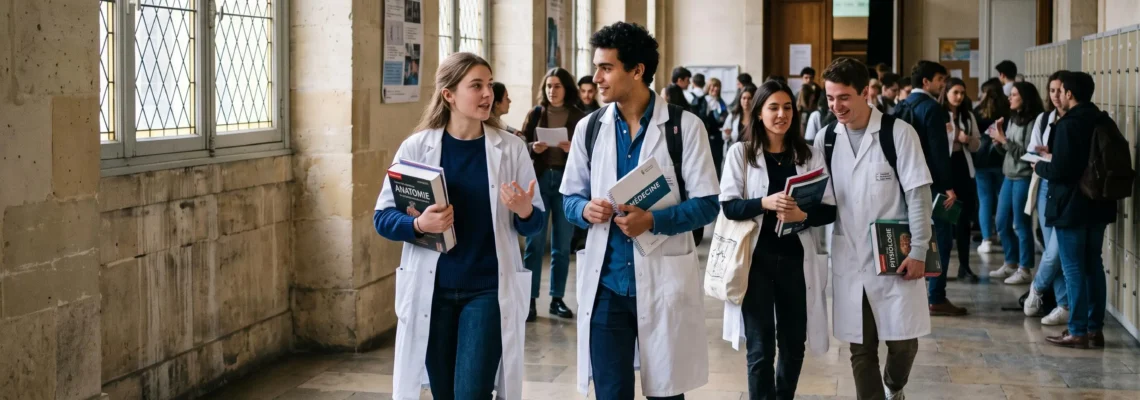 Des étudiants en médecine marchant dans un couloir de faculté, portant des livres d'anatomie, dont l'une porte une blouse blanche.