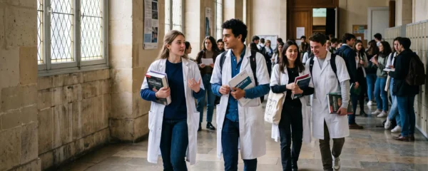 Des étudiants en médecine marchant dans un couloir de faculté, portant des livres d'anatomie, dont l'une porte une blouse blanche.