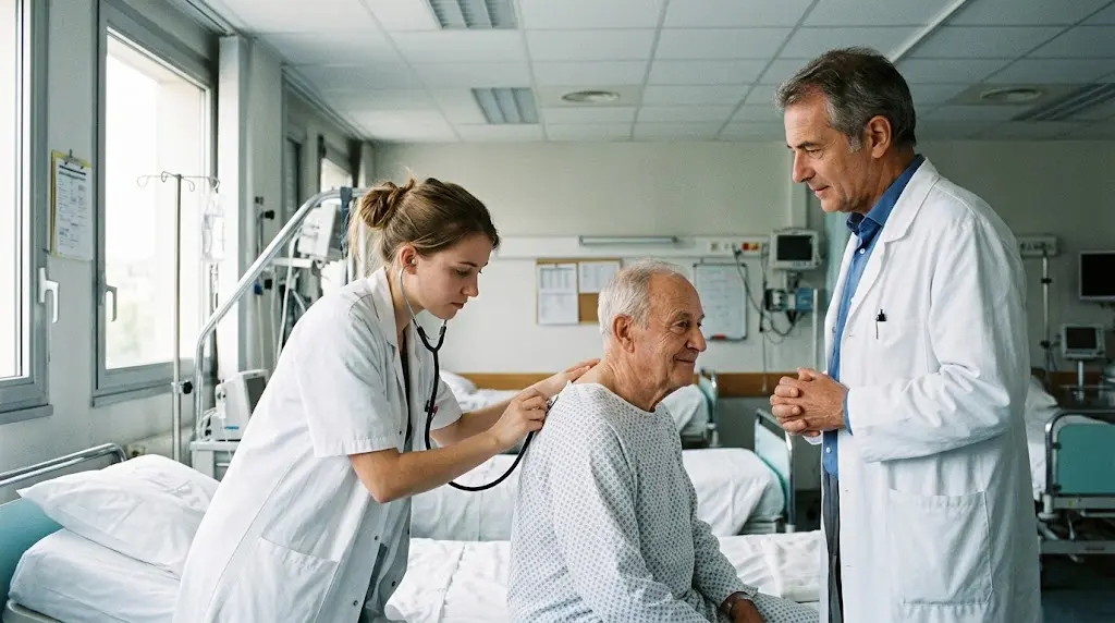 Une jeune interne en blouse blanche ausculte un patient à l'hôpital pendant qu'un médecin senior l'observe.
