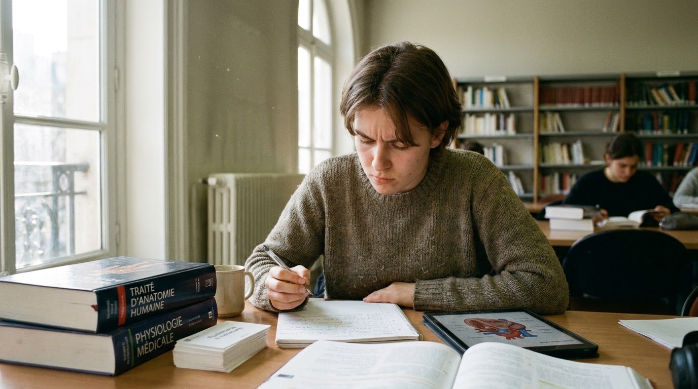 Une étudiante en médecine prenant des notes dans une bibliothèque universitaire, avec des livres d'anatomie et un modèle de squelette sur la table.